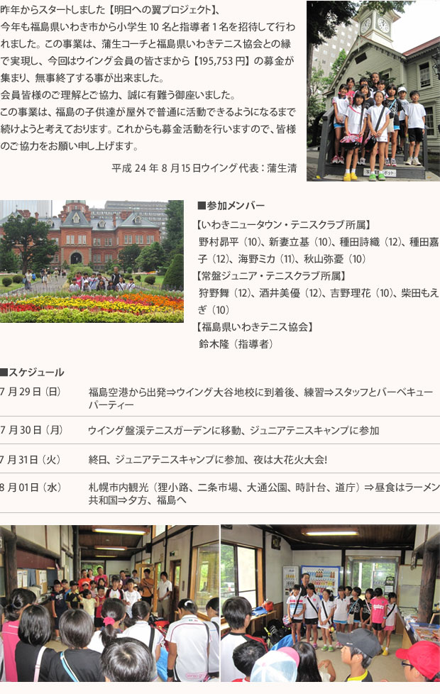 昨年からスタートしました【明日への翼プロジェクト】、今年も福島県いわき市から小学生10名と指導者1名を招待して行われました。この事業は、蒲生コーチと福島県いわきテニス協会との縁で実現し、今回はウイング会員の皆さまから【195,753円】の募金が集まり、無事終了する事が出来ました。会員皆様のご理解とご協力、誠に有難う御座いました。この事業は、福島の子供達が屋外で普通に活動できるようになるまで続けようと考えております。これからも募金活動を行いますので、皆様のご協力をお願い申し上げます。
